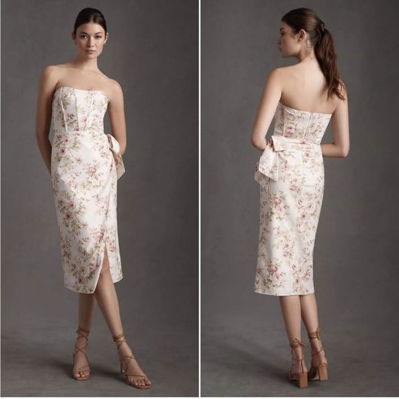 NEW V. Chapman Anthropologie Liliana Strapless Midi Dress Pink Rose Floral 12 - Picture 5 of 14